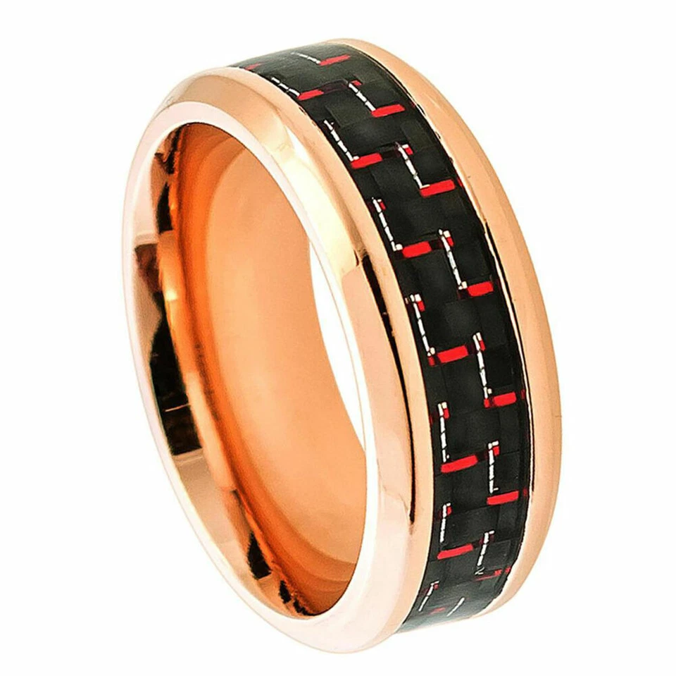 8mm Men's or Ladies Titanium Rose Gold with Red Carbon Fiber Wedding Band Ring  - Image 1 of 1