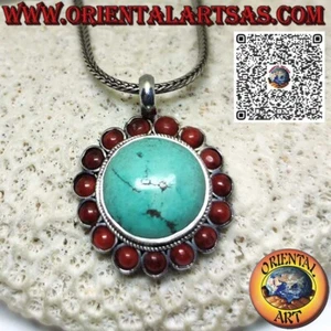 Ciondolo in argento 925 ‰ con turchese tibetano naturale tondo con coralli - Foto 1 di 5