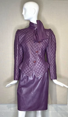 Emanuel Ungaro PARALLELE Purple Quilted Leather Skirt Suit Size 10, Vintage 80s - Image 1 of 4