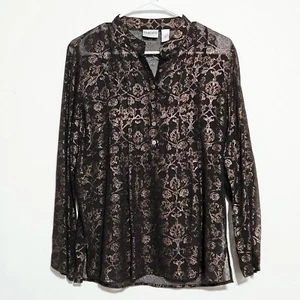 Chico's Silk Blouse Sz 0 US XS Gold Foil Floral Print Brown Sheer Pleats Popover - Picture 1 of 7