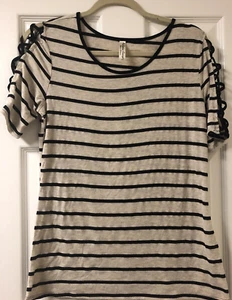 PerSeption Concept Gray Black Stripe Short Open Cross Laced Sleeve Top T Shirt M - Picture 1 of 13