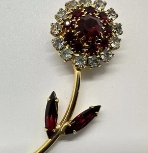 Broche ancienne broche fleur strass rouge rubis ton or été - Photo 1/11