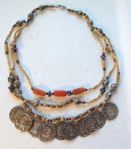Tribal Ethnic Necklace, Round Metal Discs, Stone & Pewter beads, 18" long - Picture 1 of 8
