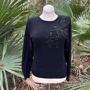 Vintage 90s Black Silk Blend Sweater Beaded Stars Anytime Glitz Size S - Picture 1 of 10
