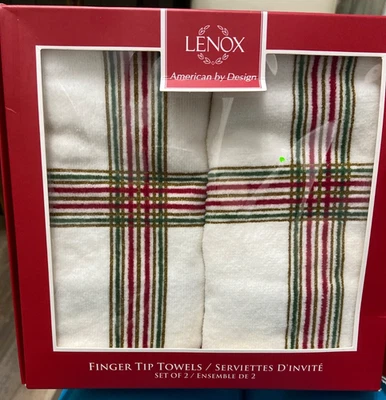 Juego de toallas Lenox 2 piezas, punta de dedo de Navidad NUEVO en caja costuras blancas y a cuadros  Foto 1 de 4