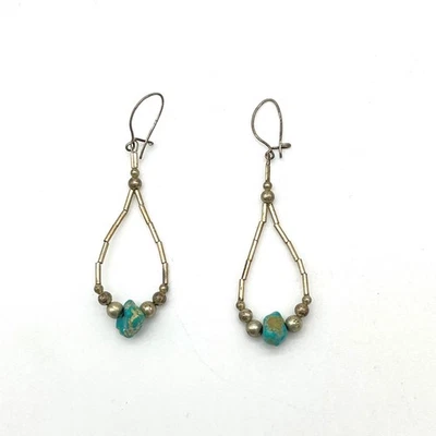 Vintage Turquoise Dangle Earrings Beaded Sterling Silver Bohemian Jewelry - Image 1 of 3
