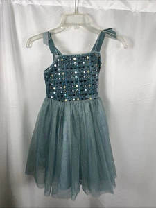 Zunnie Green Girls Dress 6x With Sequin Tulle Skirt Sleeveless Elastic Waist - Picture 1 of 6