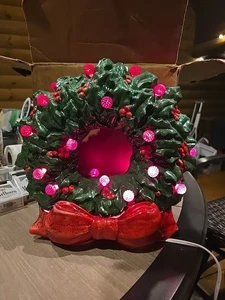 Vintage Light Up Ceramic Christmas Wreath With Detachable Red Ribbon Base - Picture 1 of 9