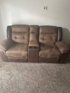 Brown/Tan Loveseat with Cup holders and Console