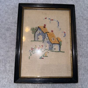 Vintage Cross-Stitch Circa 1900’s w/mount And Small Wooden Frame - Picture 1 of 3