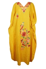Yellow Flowy Maxi Kaftan Embroidered Housedress Womens Travel Lounge Caftan 4XL