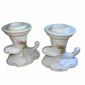 Candelabros de porcelana rosa musgo vintage cuerno de cornucopia floral - Imagen 1 de 7