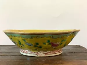 Antique 1900's Chinese Rose Footed Porcelain Bowl Dish 2” X 7” Yellow Floral - Picture 1 of 10