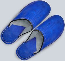 MOROCCAN LEATHER BABOUCHE SLIPPERS, HANDCRAFTED MOROCCAN BlUE LEATHER MULE SHOES