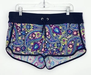 Athleta Kata Womens Swim Shorts L Navy Yellow White Paisley Pocket Drawstring - Picture 1 of 7