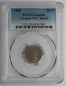 1865 Three Cent Nickel Piece PCGS Genuine Cleaned UNC Detail - Picture 1 of 5