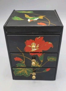 Joyero y espejo pequeño japonés de 3 cajones de laca negra con pájaro y flores  - Imagen 1 de 10