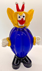 Clown en verre vintage étiquette italienne de Murano soufflé à la main bleu cobalt corps cheveux jaunes