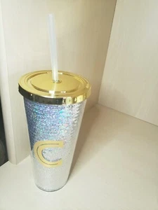 Monogram Holographic Tumbler "C" Glitter Sequin Plastic Silver Cup Lid & Straw - Picture 1 of 4