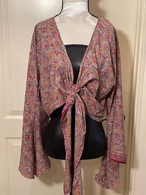 Kimono ligero delantero corbata marrón/multicolor 100 % seda sin marca para mujer M Foto 1 de 4