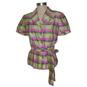 Kate Hill Blouse Womens Sz 10  Silk Button Down Short Slv  Green Pink Plaid  - Picture 1 of 8