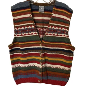 Vintage Russ Womens L Striped Sweater Vest Boho Colorful Button Front - Picture 1 of 8