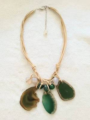 Collar con cordón de cuero colgante de piedra de ágata en rodajas hecho a mano de colección 20" ¡Impresionante! Foto 1 de 4