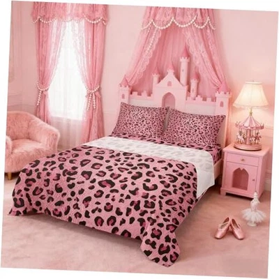Pink Leopard Print Sheet Set,Cheetah Bedding Set for Kids Teens Twin Wws9621 - Image 1 of 4
