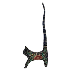 Folk Art Cat Wood Blue White Spots Stripes Red Flower 13" Long Tail Ring Holder - Picture 1 of 7