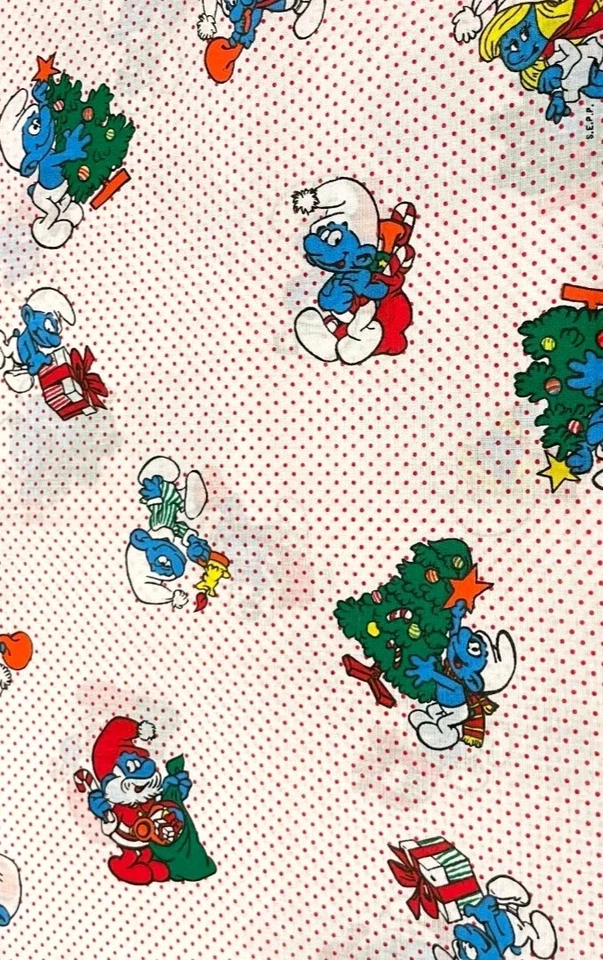 VTG 1982 Smurfs Fabric Christmas Red Polka Dots White Cotton Blend  HALF YARD - Image 1 of 1