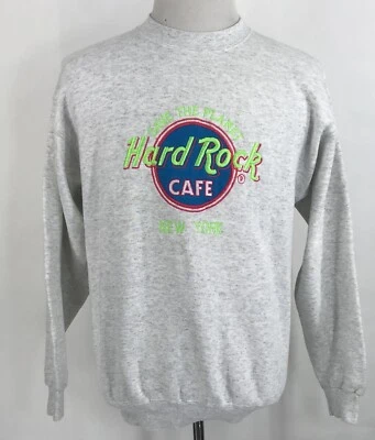 Vintage 80s Hard Rock Cafe New York City Sweatshirt Large Gray Neon Embroidered - Image 1 of 4