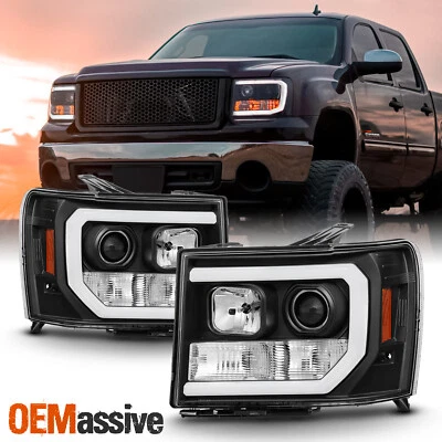 For 07-13 GMC Sierra 1500/2500HD/3500HD Black DRL LED Tube Projector Headlights - Image 1 of 4