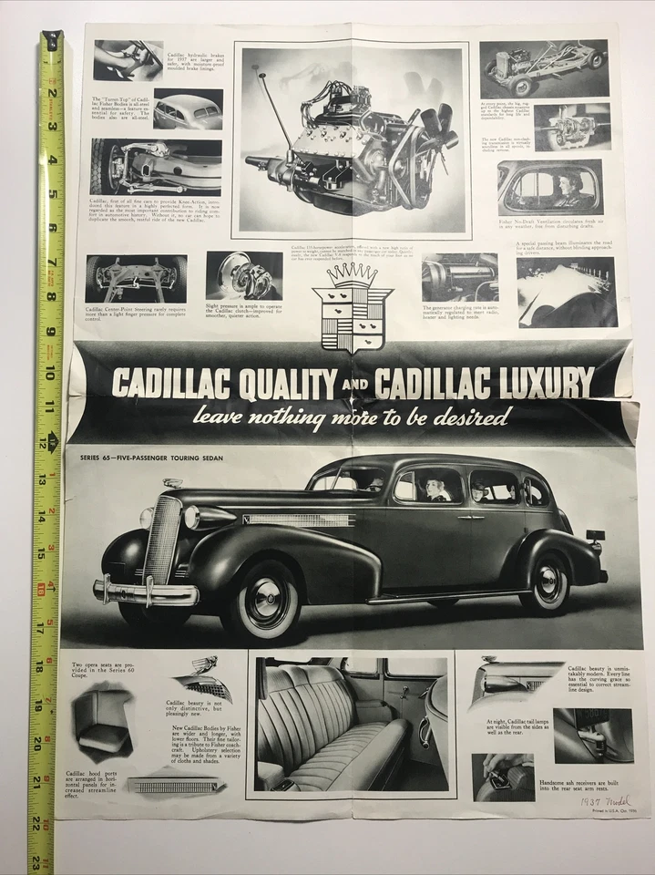 Folleto de póster de concesionario vintage original 1937 Cadillac serie V-8 60 65      Foto 1 de 4