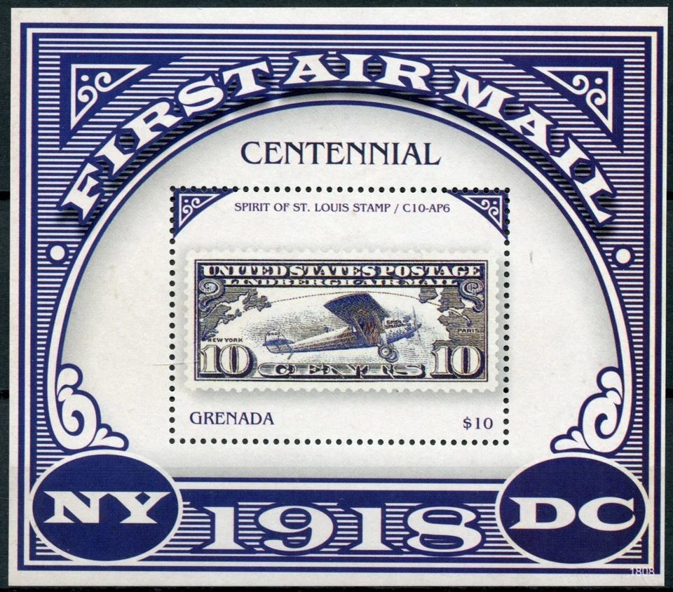 Grenada Aviation Stamps 2018 MNH 1st Airmail Lindbergh Spirit of St Louis 1v S/S - Image 1 of 1
