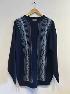 Vintage Men’s Cargo Quay Navy Blue Striped Jumper Sweater L Made In UK Retro - Picture 1 of 7