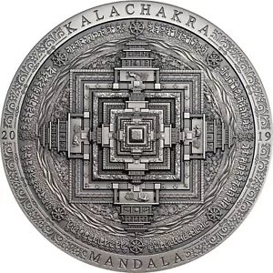 Kalachakra MANDALA Archeologia Simbolismo 3 Oz Moneta d'Argento Mongolia 2019 - Foto 1 di 5