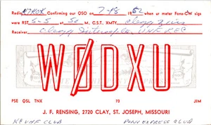 1962 W0DXU J F Rensing St Joseph Missouri Ham radioamatore cartolina QSL - Foto 1 di 3