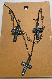 Vintage Double Strand, Metallic Black Necklace/Earrirng Set w Blue Rhinestones - Picture 1 of 5