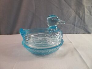 Wilkerson Blue Glass Duck on the Nest Covered Candy Dish - Glows Orange