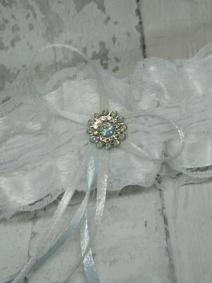 White Garter wedding With Blue Stone flower blue ribbon For Good Luck uk