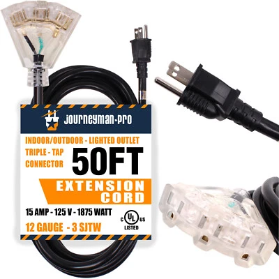 JOURNEYMAN-PRO 50FT Lighted Outdoor Extension Cord Triple-Tap 3 Way Splitter 15 AMP 12 AWG 50'
