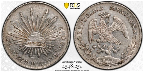 1897 Zs FZ 8 REALES MEXICO KM#377.13  Zs83  PCGS AU53 #45481252 FRESHLY GRADED! Cover