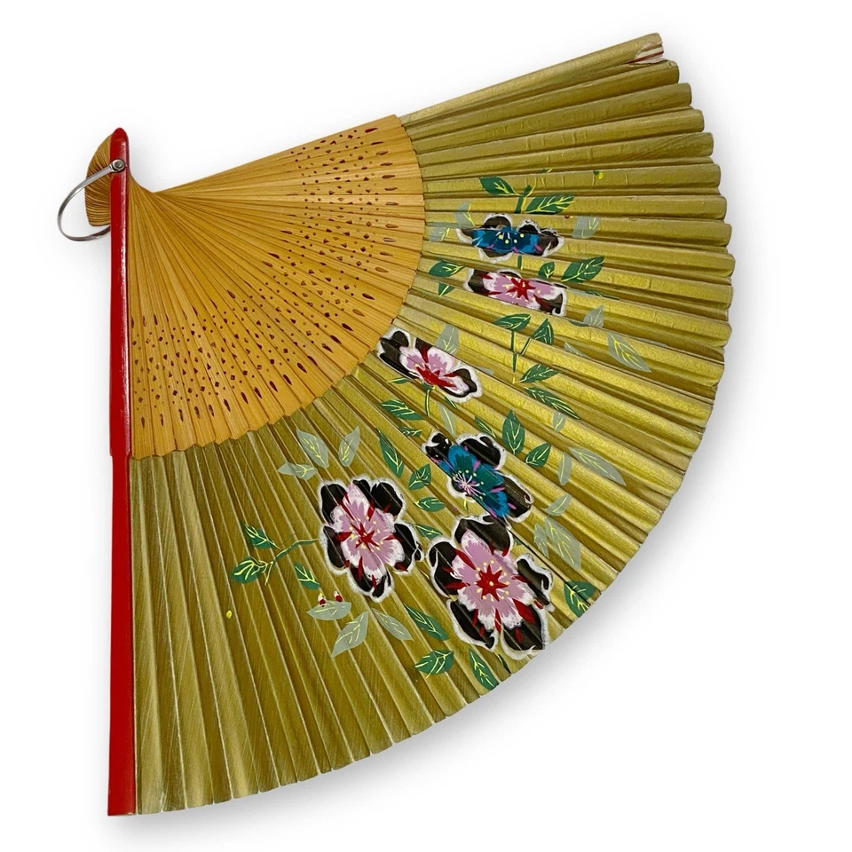 古董 Sensu 手绘金色花卉纸红色竹子折叠手扇 — 第 1/4 张图片