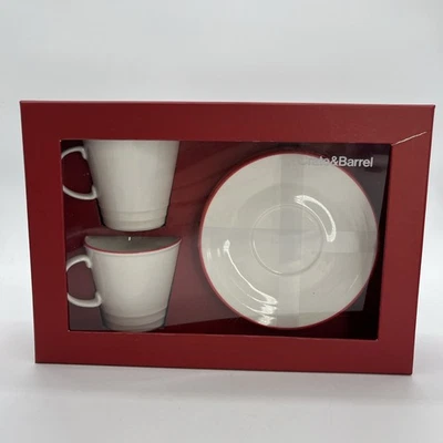 Crate & Barrel Set Of 2 Porcelain Red Rim Espresso Cups & Saucers New Open Box - Image 1 of 4