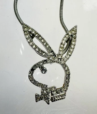Vintage Playboy Necklace Rhinestone Pendant Open Bunny Silver Tone Lobster Clasp - Image 1 of 4