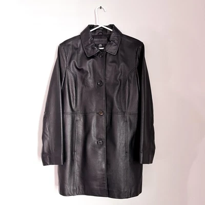 Abrigo Jaclyn Smith Mujer Grande Negro Chaqueta Cuero Genuino Botón Largo Medio Foto 1 de 4