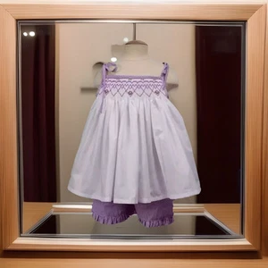Girls NWT Remember Nguyen Smocked Shorts Set Dress Top Stripes Free Bow 4T - Picture 1 of 10