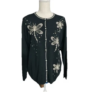 Bob Mackie Wearable Art Dragon Fly Beaded Pearls Sweater Black Size Small - Bild 1 von 4