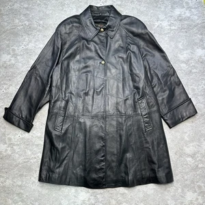 Vintage LNR Genuine Leather Trench Coat Black Button Front Women’s Size L - Picture 1 of 15