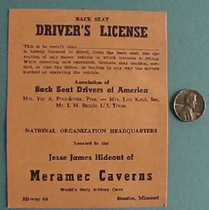 1950-60s Era Meramec Caverns Missouri Route 66 Back Seat Driver's License COOL-- - Picture 1 of 1